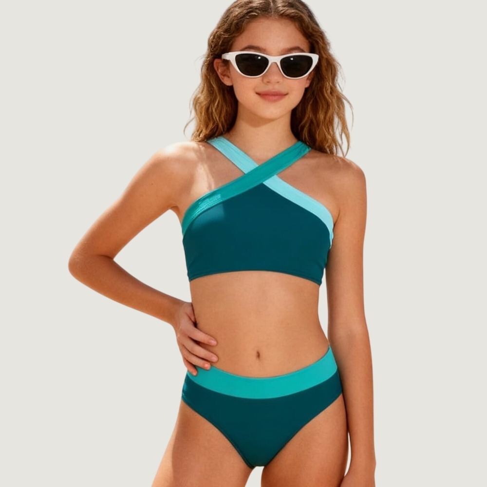 Girls Bikini Swimsuit Size 13-14Y Teal Aqua Polyamide Cross Neck Set Beachwear